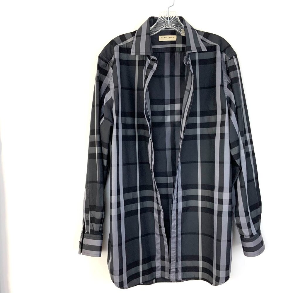 Burberry London Charcoal Gray Check Cotton Button Down Shirt Sz 16/34-35 - Picture 9 of 16